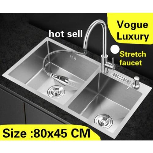 Free shipping Apartment kitchen manual sink double groove wash vegetables stretch faucet 304 stainless steel hot sell 80x45 CM
