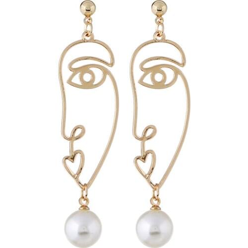 Trend Abstract Art Drop Earrings Gold Color Face pearl Dangle Earrings Girls Fashion For Women Dangle Earring Jewelry