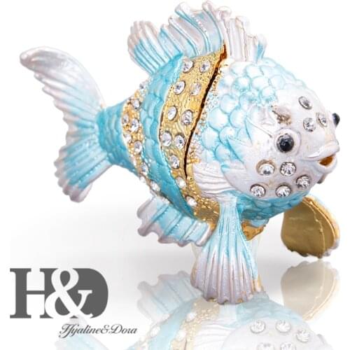 H&D Handmade Tropical Fish Trinket Boxes Crystal Bejeweled Animal Figurine Collectible Hinged Jewelry Box Keepsake Xmas Gift