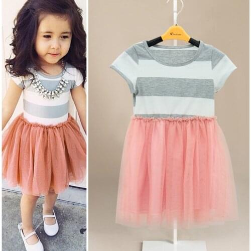 Toddler Girls Short Sleeve Tops Mini Dress Striped Princess Pleated Dress