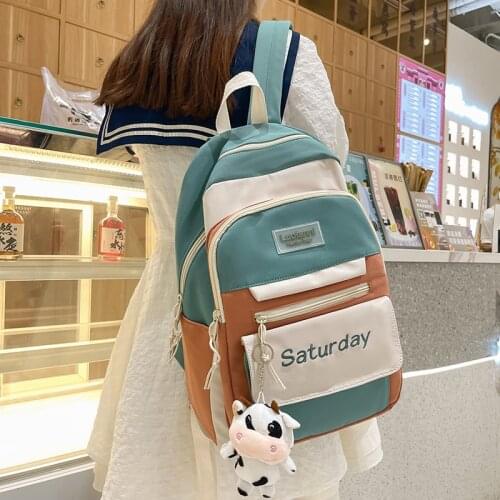 Large-capacity Contrast Color Design Womens Backpack Waterproof Nylon Travel Backpack Casual College Style Student Schoolbag
