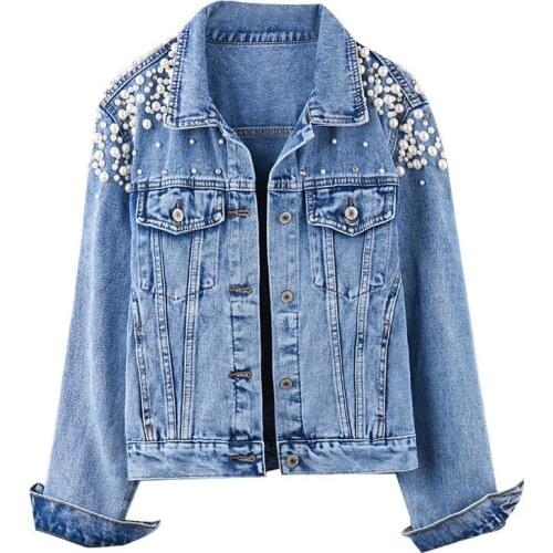 2020 Fashion beaded short denim jacket women spring autumn short outerwear students sweet loose casual tops short jean coat 3312
