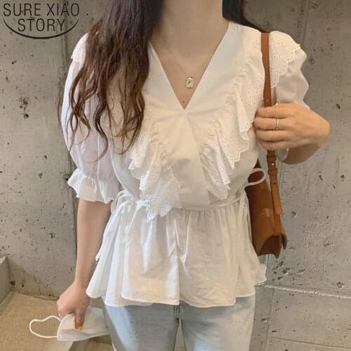 2021 Summer Women White Lace Blouse Sweet V-neck Short Butterfly Sleeve Ruffles Tops Blusas Loose Clothes Chiffon Blouses 13505