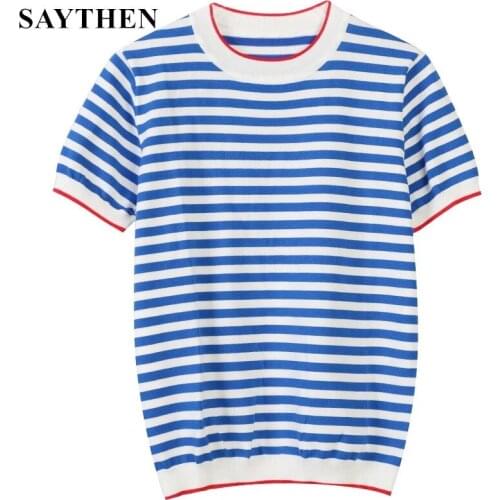 Striped Casual Thin Knitted T Shirt Women Clothes 2021 Summer Woman Round Neck Ice Silk Short Sleeve Tees Tops T-Shirt Female