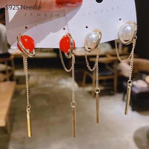 925 Sterling Silver Needle Long Long Dangle Drop Earrings for Women Jewelry Red Pearls Punk Rock Fashion Female Tassel Earrings