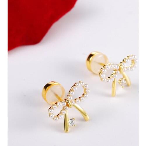 925 Sterling Silver Bowknot Ribbon Freshwater Pearl CZ Post Stud Earrings For Women Wedding Bridal Christmas Birthday Gifts