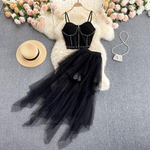 Gothic Style Two Piece Set Summer Women Chic Rhinestone Zipper up Cropped Camis Top + Elastic Waist Irregular Mesh Skirt Suits