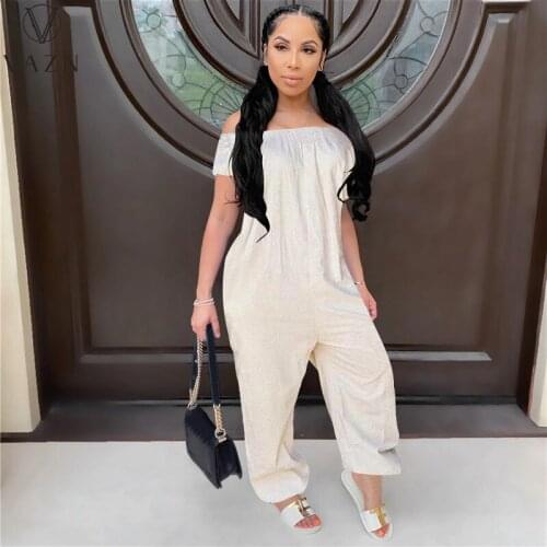 VAZN 2021 Plus Size Vintage Shinny Slahs Neck Solid Holiday Style Slim Short Sleeve Chiffon Sexy Club Holiday Women Jumpsuits