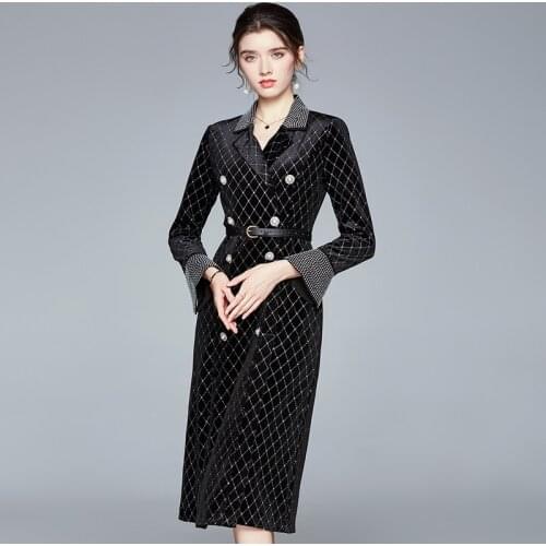 Twicefanx Runway Designer Womans Notched Collar Beading Plaid Black Velvet Long Coat Thick Warm Long Trench Coat Outwear 873B