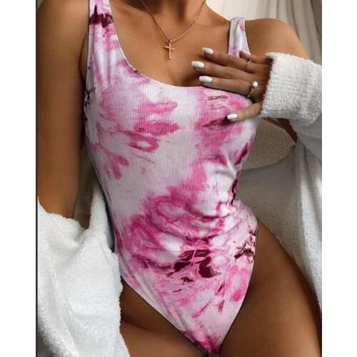 3 Colors Women Tie-dyed One-piece Swimsuit Ladies Low Square Neck Thong Crotch Slim Swimwear for Vacation/Seaside/Swimming