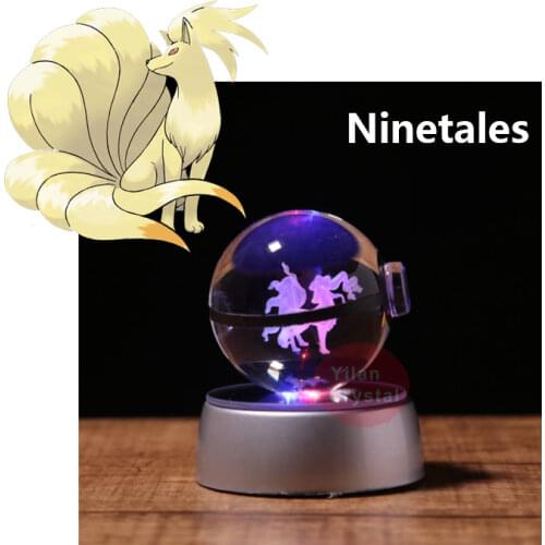 Hot Anime Pokemon Pokeball Engraving Crystal Ball with LED Light Ninetale Model Toys for Kids