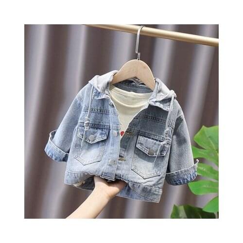 Boys and Girls Denim Jacket 2021 Spring and Autumn Korean Childrens Detachable Baby Cowboy Jacket Baby Girl Hooded Denim Coat