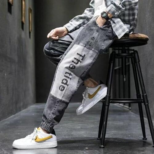 Black Biker Jeans Mens Japan Elastic Waist Spring Summer Fashion Large Pants Loose Stitching Versatile Capris Hip Hop Denim