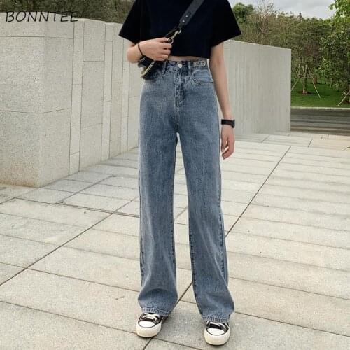 Jeans Women Blue High Street Waist Buttons Design Full-length Do Old Washed Popular Teens Wide Leg Loose All-match Spring Autumn