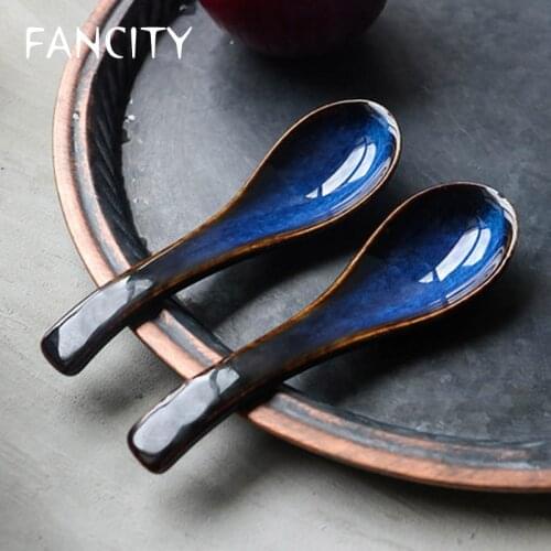 FANCITYEuropean style cats eye blue kiln, rice spoon, soup spoon, porridge spoon, dessert spoon, household restaurant, spoon