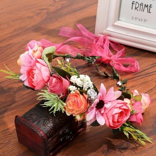 Haimeikang Rose Peony Flower Crown Girl Bridal Floral Headband Wreath Wedding Hair Band Hair Accessories Women Bridesmaid Diadem