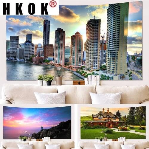 HKOK Modern City Town Landscape Tapestry Hanging Covering Rugs Background Cloth Beach Mat Blanket Art Bedroom Living Home Decor