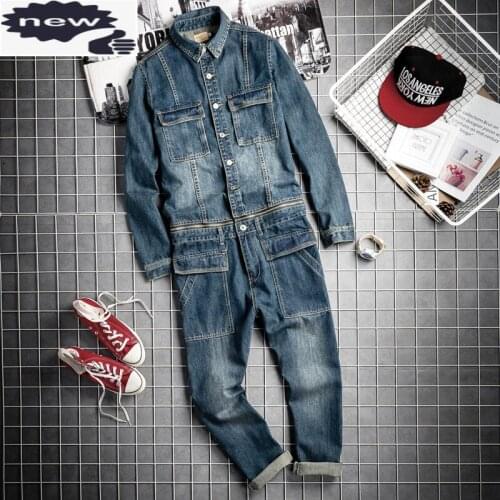 Spring Fall Mens Vintage Detachable Denim Cargo Overalls HipHop Long Sleeve Tops Straight Pants Big Size Rompers Male Jumpsuit