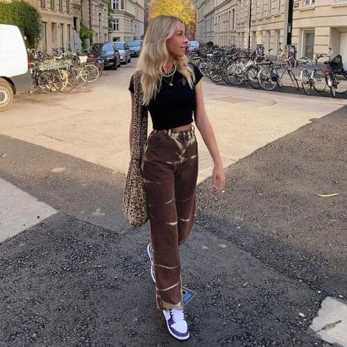 Brown Tie-dye Drape Straight-leg Women Jeans Baggy Wide Leg Lady Denim Pants Woman High-waist Retro Streetwear Casual Trousers