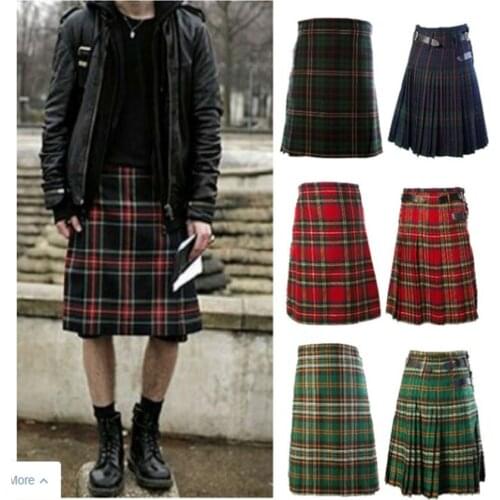 Men Scotland Kilt Tartan Plaid Pleated Skirt Traditional Clothing Halloween Cosplay Costumes Knee Length Medieval Gothic Bottoms
