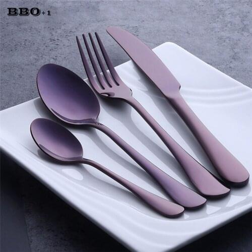 4pcs/set Purple Dinnerware Set Christmas Cutlery Stainless Steel Dinner Set Western Tableware Flatware Knife Fork Dinner Spoon