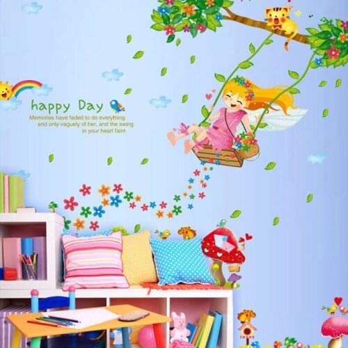 Cartoon Swinging Girl Happy Day Wall Stickers for Kids Rooms Decorations Removable Decorative Wall Decals Nursery Decor