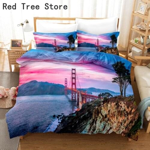 Natural Seaside Scenery Bedding Set Sunset Sunrise Beach Printed Down Quilt Cover Bed Linen Cover Pillow Case Single Double Size