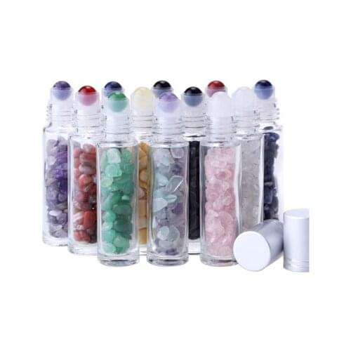 Natural Semiprecious Stone Essential Oil Gemstone Roller Ball Bottles Transparent Glass Roller Bottles with Crystal Chips Inside
