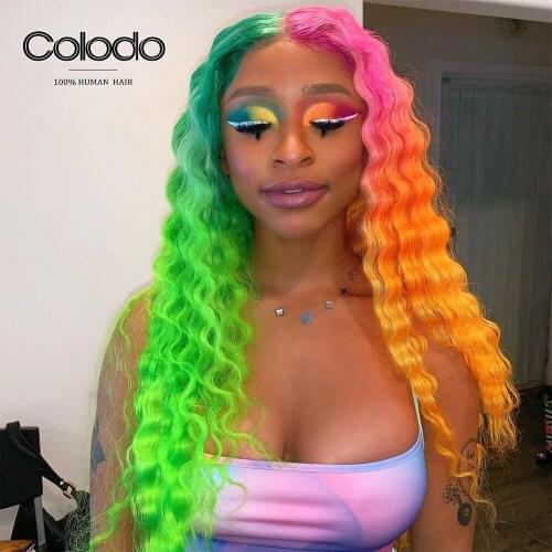 Green Orange Deep Wave Frontal Wig with Baby Hair Pink Blue Ombre Lace Front Wig Pre Plucked Lace Front Human Hair Wigs COLODO