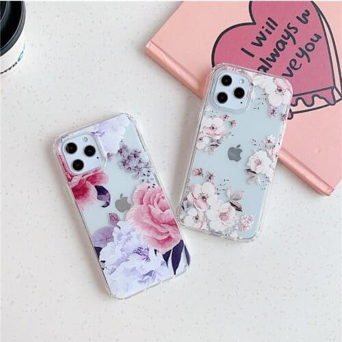 Shockproof Pink Rose Flower Phone Case For iPhone 12 Mini 11 Pro XS MAX XR 7 8 Plus SE 2020 Transparent Floral Back Cover Coque