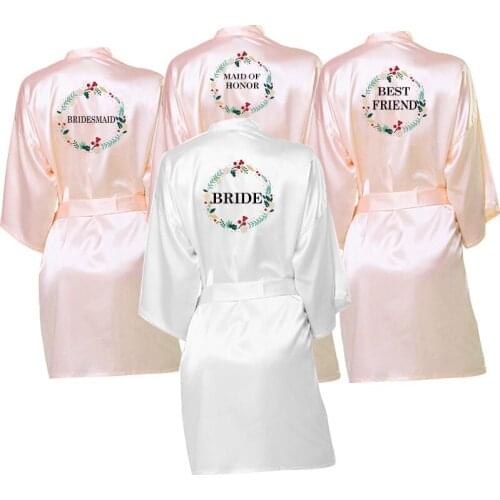 Wedding Satin Dressing Gown, Personalised Wreath Robe Pajamas Wedding Bridesmaid Gifts Maid of Honor Bridal Party Robes Gift