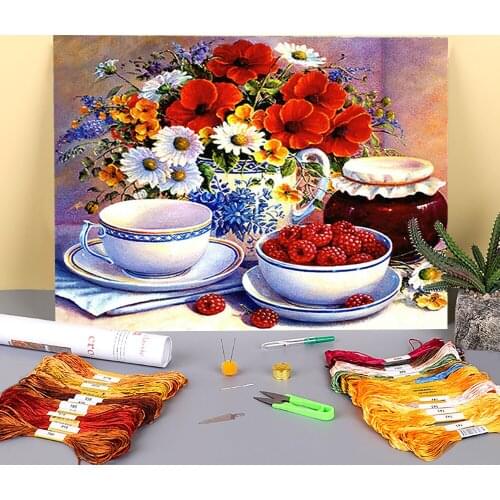 Fruit Flowers Printed Water-Soluble Canvas 11CT Cross Stitch Complete Kit DIY Embroidery DMC Threads Needlework Magic