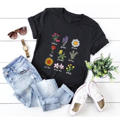 2021 Summer 100% Cotton Women T Shirt Flower Plants Print Short Sleeve Tees Tops Casual O-Neck Female TShirts