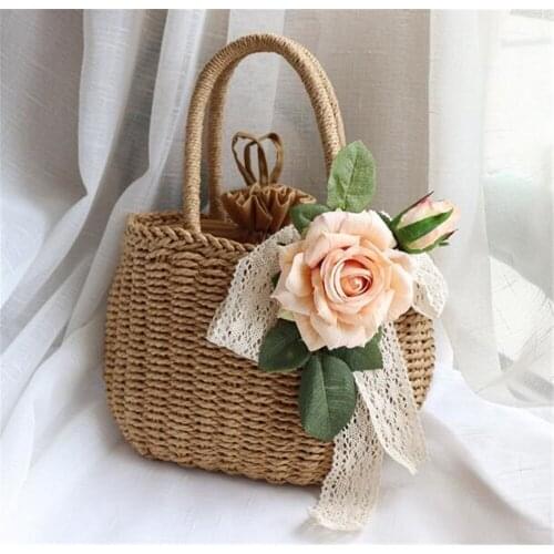 Rose Flower Women Straw Bags Summer Rattan Bag Handmade Woven Beach Bag Bohemia Bali Handbag B1492
