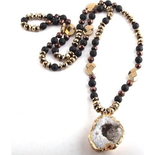 RH Fashion Bohemian Tribal Jewelry Natural Stone/Hematite Long Knotted Natural Druzy Pendant Necklaces For Women Jewelry