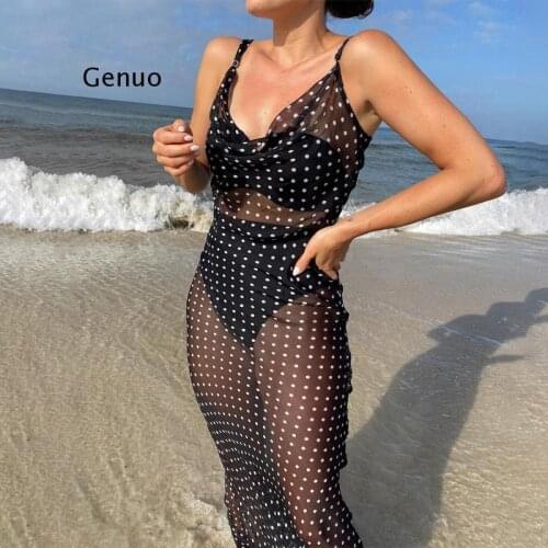 Woman Summer Dress Polka Dot Mesh See Through Backless Lace up Long Dresses Ladies Sexy Casual Beach Party Black Robe