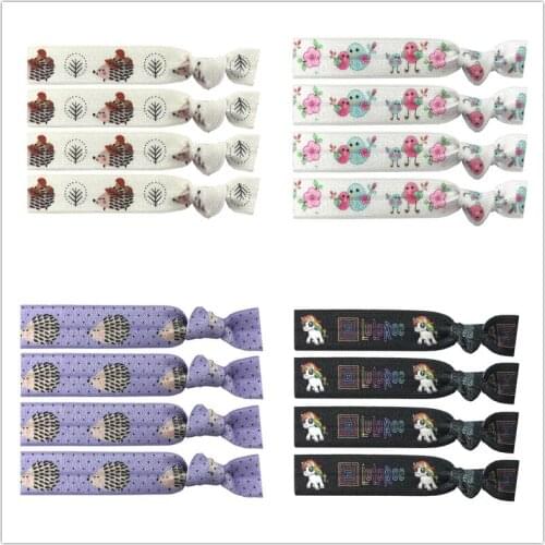 4 Colors 40pcs Hedgehog Chick Unicorn Prints Wristband Hair Tie Bracelet Bangle Elastic Band Ponytail Holder Hair Accessories