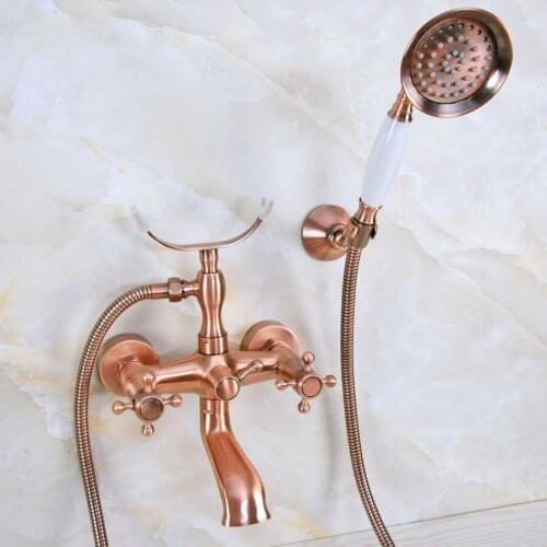 Antique Red Copper Brass Double Cross Handles Wall Mounted Bathroom Clawfoot Bathtub Tub Faucet Mixer Tap w/Hand Shower ana358