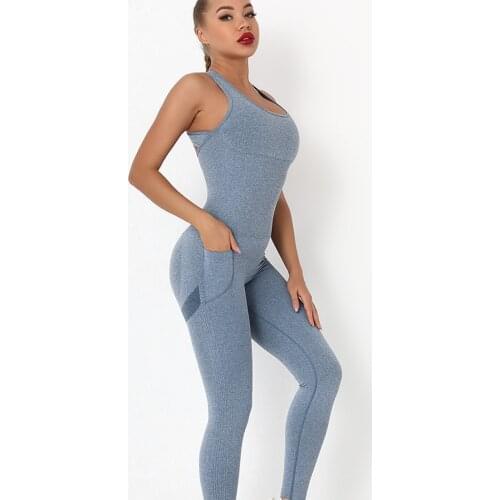 Yoga Bodysuit Set Fitness Women Sport Suit Jumpsuit Tracksuit Backless Gym Set Running Sportswear Leggings with Pockets