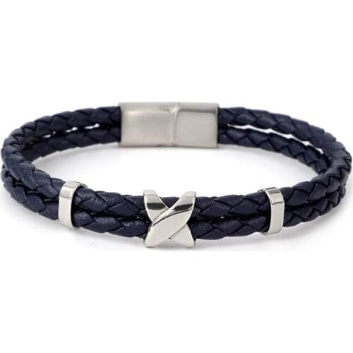 Trendy Genuine Metal Magnet Buckle X Stainless Steel Bracelet Bangle For Men Blue Red Black Brown Leather Bracelet