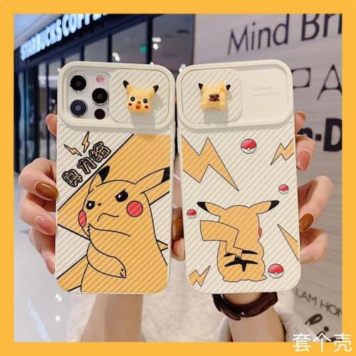 TAKARA TOMY 3D Cartoon Pikachu Sliding Lens Phone Case for IPhone 6S/7/8P/X/XR/XS/XSMAX/11/12Pro/12min Phone Couple Case Cover