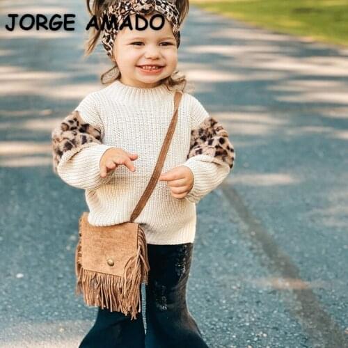 2021 New Autumn Kids Girls Sweater Leopard Print Patchwork Long Sleeves Wool Knitting Children Top Fashion Clothes E0807