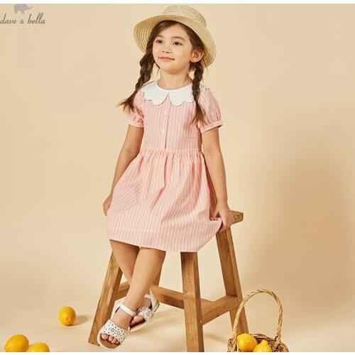 DKH17107 dave bella summer girls 5Y-13Y fashion cartoon striped draped dress children sweet dress kids infant lolita clothes