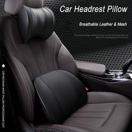 Car Seat Back Support Pillow and Neck Pillow Set Memory Cotton Fiberl Leather Lumbar Support Car Travel Pillow Rest Cushion Car