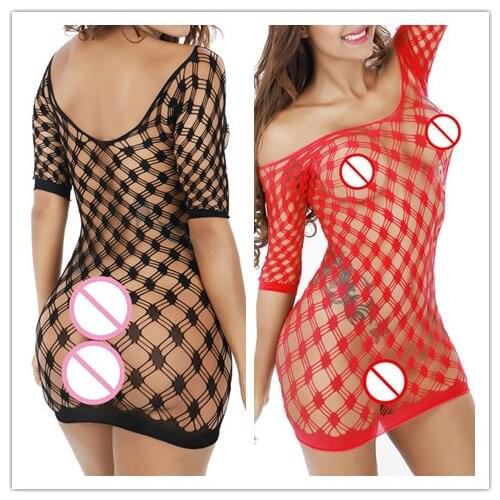 Elastic Sexy Mesh Erotic Lingerie Dress Hollow Out Fishnet Lingerie For Women Costumes Strapless Shoulder Dress Hot