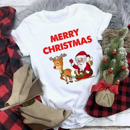 FIXSYS Kawaii Harajuku Reindeer and Santa Claus Print T Shirt Women Fashion Merry Christmas Shirt Female Short Sleeve T-shirt