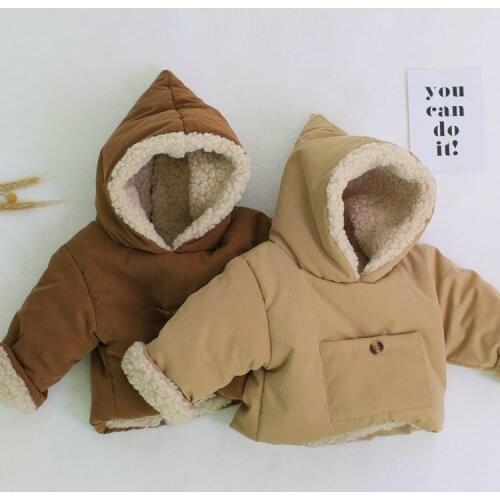 Korean Solid Hooded Thicken Coats Plus Velvet Warm Pullover Tops Down Coat for Boy Infant Baby Jackets Winter New Toddler Girls
