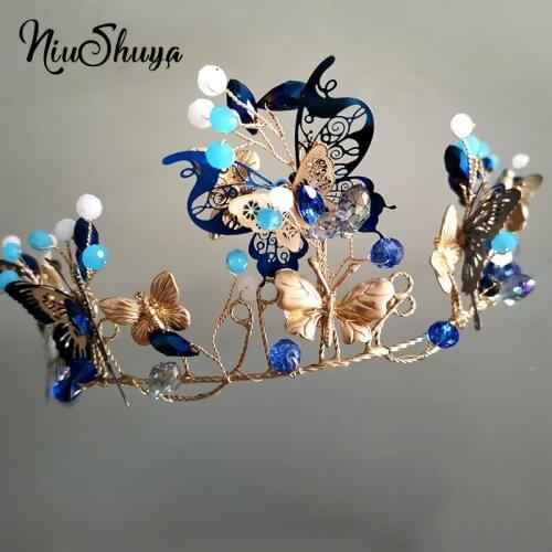 NiuShuya Sweet Blue Butterfly Bridal Wedding Hairbands Handmade Party Hair Jewelry Headpiece Girls Kids Hair Accessories