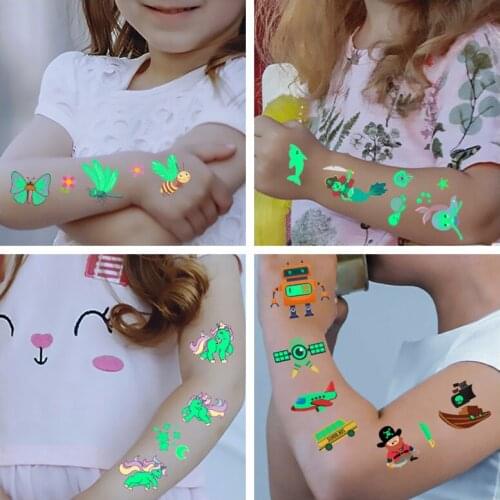 New Luminous Tattoo Sticker Children Arm Face Glowing Tattoo Children Body Art Tattoo Dinosaur Pirate Mermaid Tattoo Cartoon