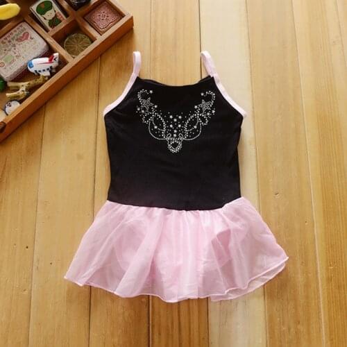 Rhythmic gymnastics dress black leotard pink chiffon skirt for girls dancing rhinestones gymnastic leotard
